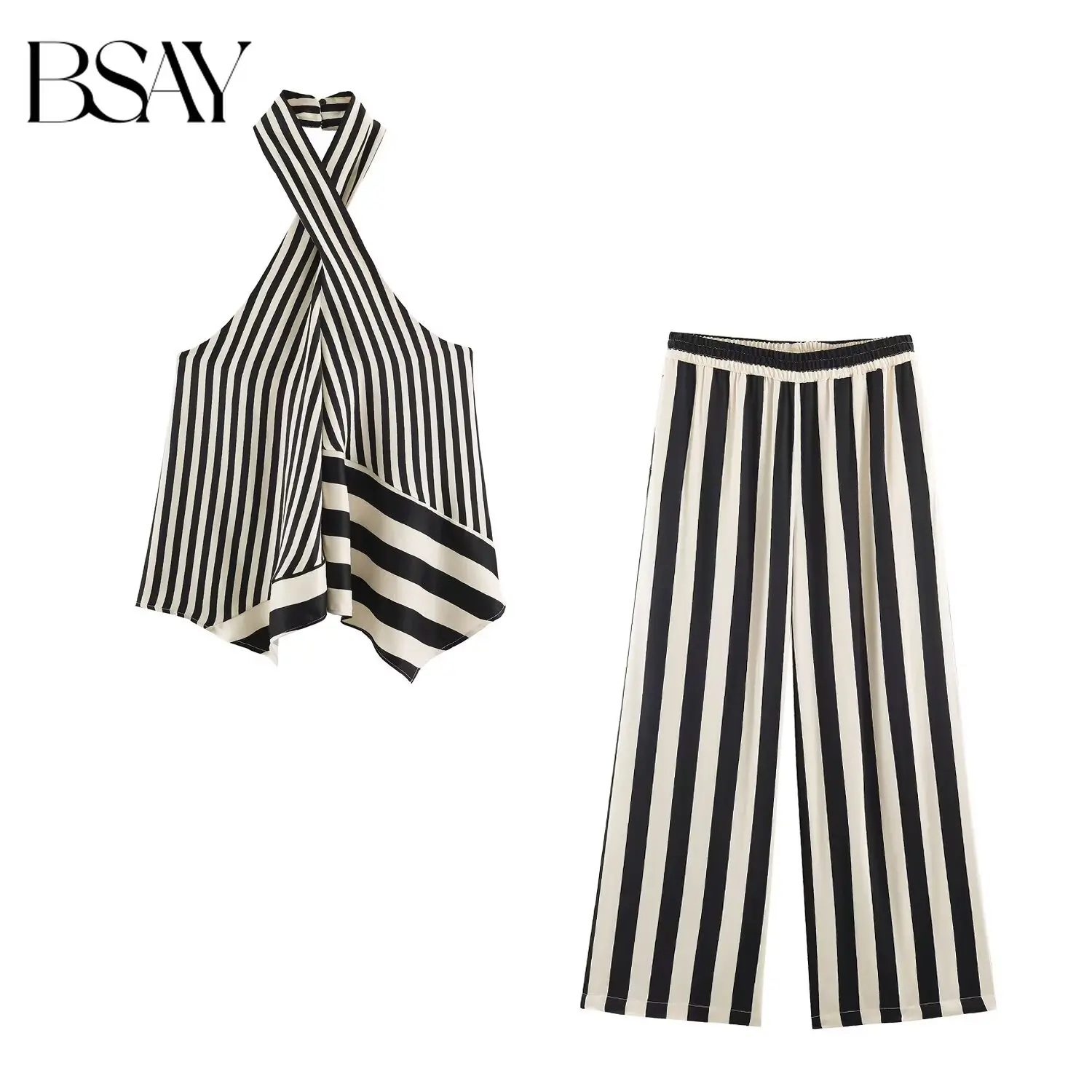 BSAY 2026 Women Vertical Striped Two Piece Outfit Cross Halter Irregular Top Elastic Waist Wide Leg Pants Casual Matching Set