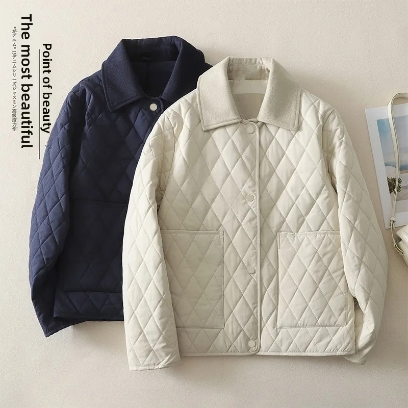 

Легкое свободное женское хлопковое тюре с художественным сшитым ромбовидным узором, осенне-зимнее повседневное тонкое хлопковое пальто