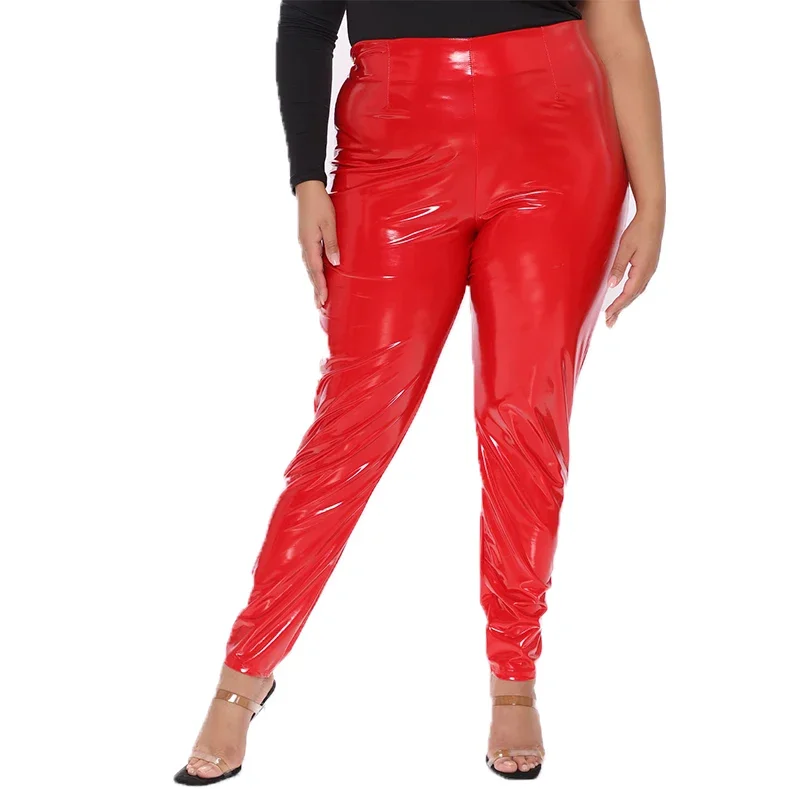 Plus Size Shiny Patent Leather Pants Women High Waist Bodycon PU Leather Trousers Ladies Sexy Stretch Pencil Pants Back Zip 5XL