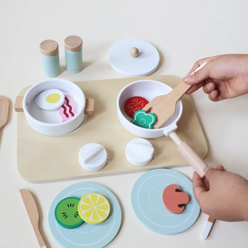 Juego de juguetes de cocina de madera minimalista: ollas/sartenes/cuchillos de cocina para niños pequeños, juego de chef pequeño