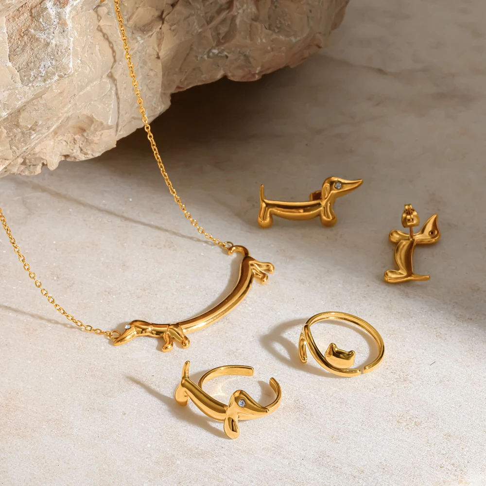 Niedliche Dackel-Anhänger-Halskette für Frauen, Haustier-Schmuckset, 18K vergoldeter 316L Edelstahl-Schmuck, Geschenke – Detail 5