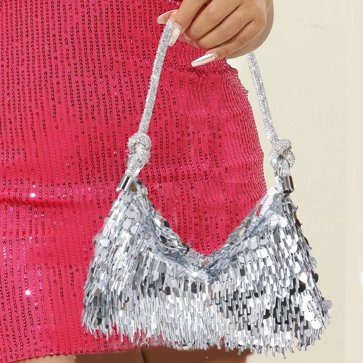 

Trendy Silver Black Champagne Sequin Tassel Handbags 2025 Summer New Rhinestone Handheld Armpit Shoulder Bag for Women Clutch