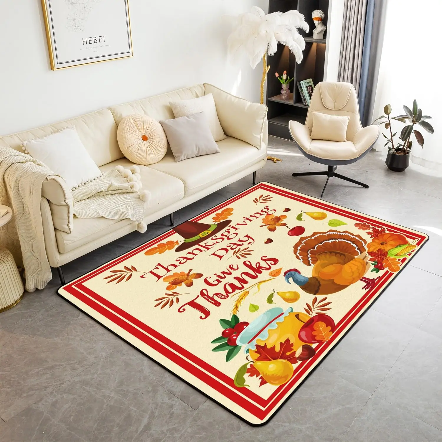 Thanksgiving Decor Carpet Turkey Living Room Area Rug for Kids Boys Girls Room Decor Microfiber Fall Pumpkin Maple Leaf Doormat