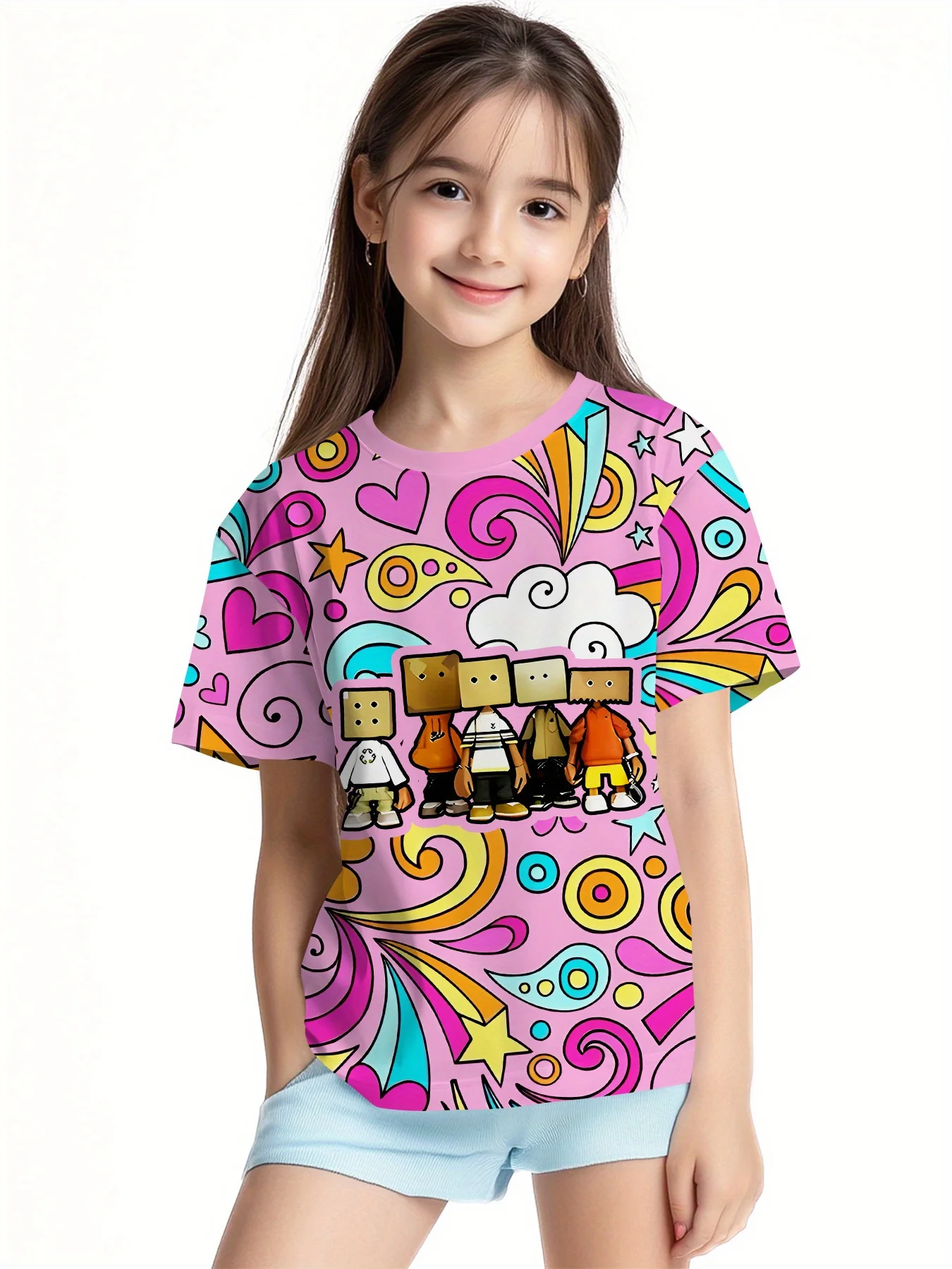 Girls Boys Graphic Tee, Cute Box Characters Allover Retro Psychedelic Pattern Casual Summer Kids Short Sleeve T-Shirt