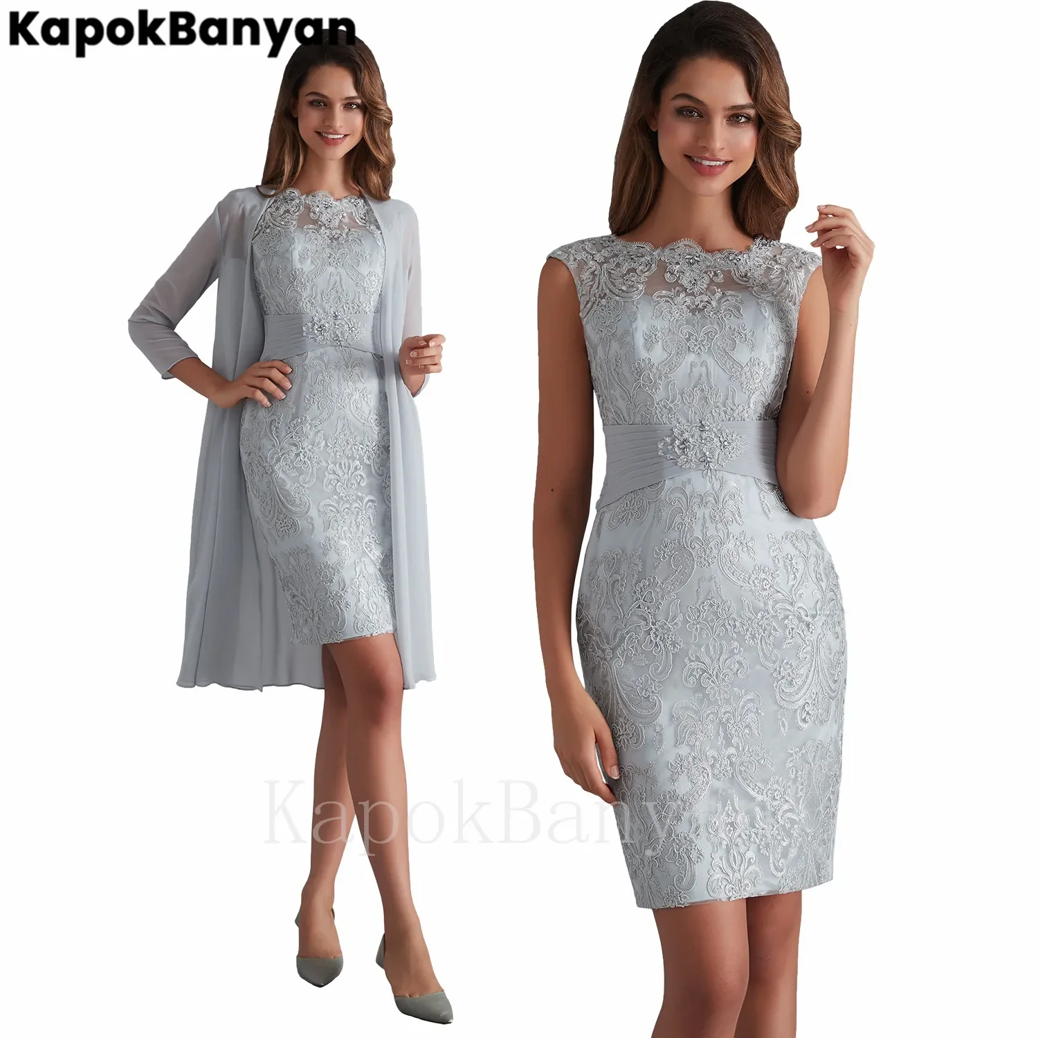 

2 Pieces Lace Mother of the Bride Dress with Chiffon Coat Knee Length Elegant Suits for Women