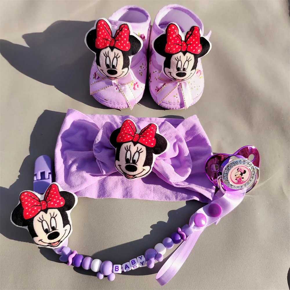 [ Unique Custom Name Pacifier Clip ] Purple Solid Color Minnie Mouse Plush Head Silicone Beaded Chain Holder for Sucking Nipple