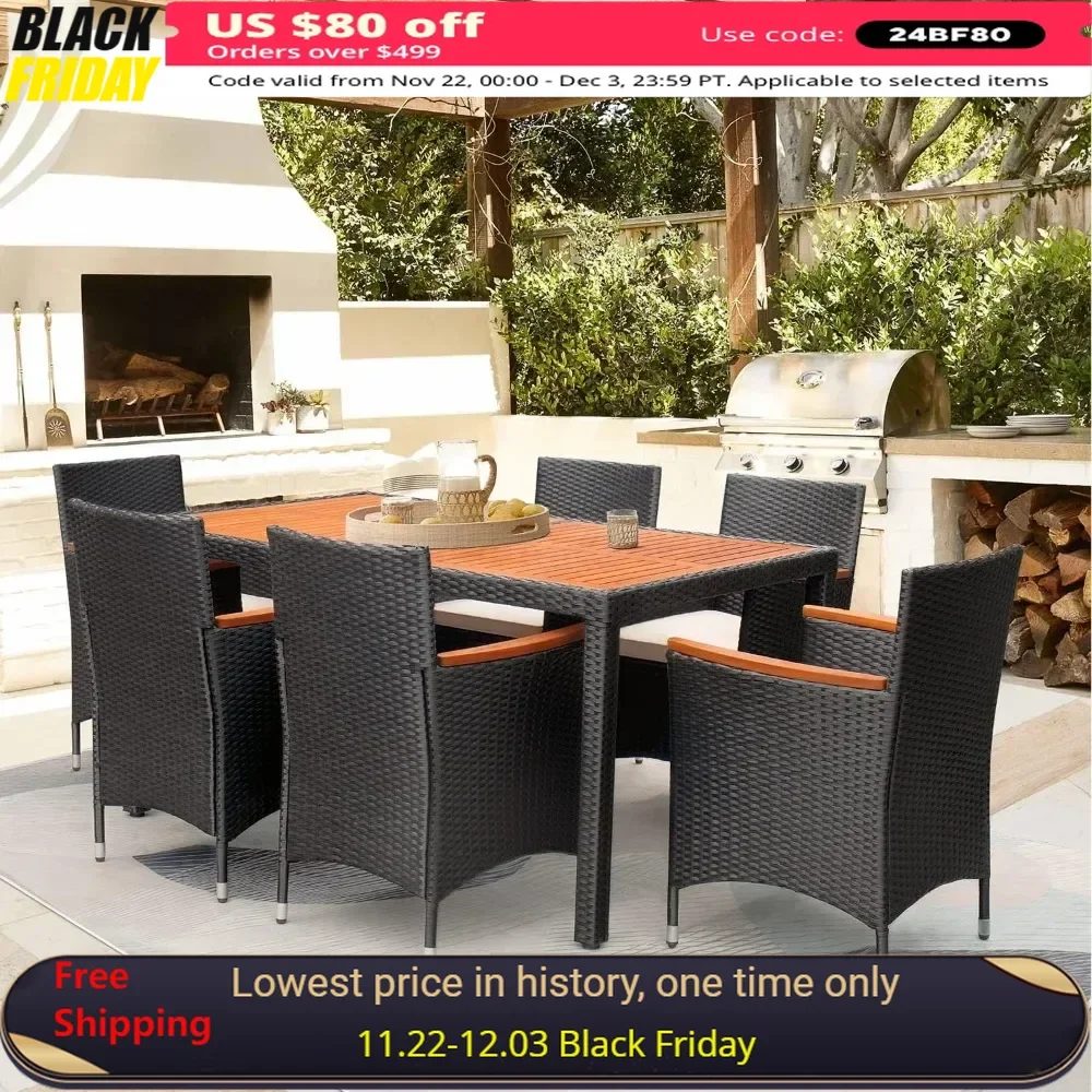 

7 Piece Patio Dining Set Outdoor Acacia Wood Table and Chairs with Soft Cushions Wicker Patio Furniture for Deck,