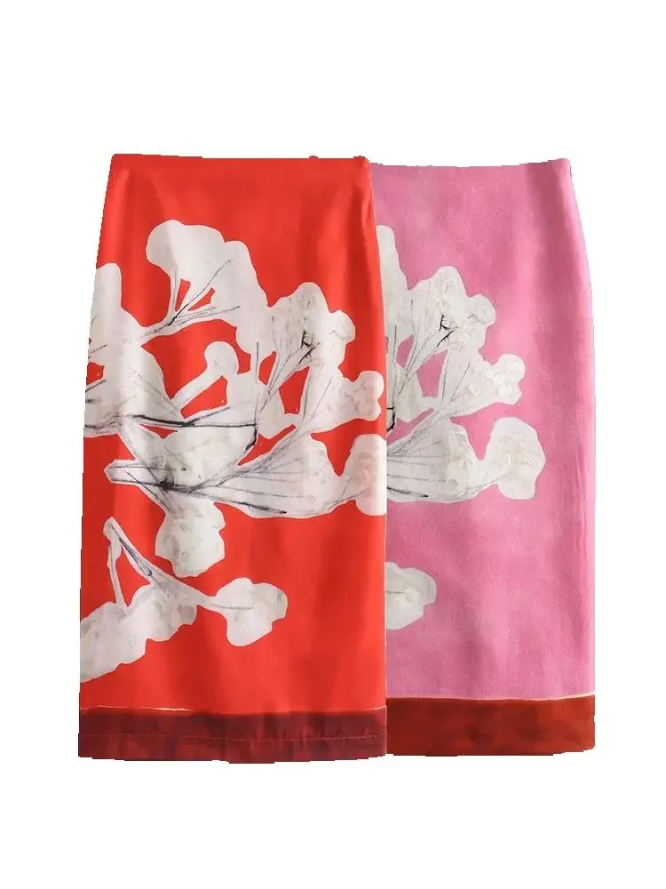 

Women Print Long Skirt 2024 Spring Summer Women Print Mid-Waist Slit Zipper A-Line Skirt Female Print Pencil Midi Skirts