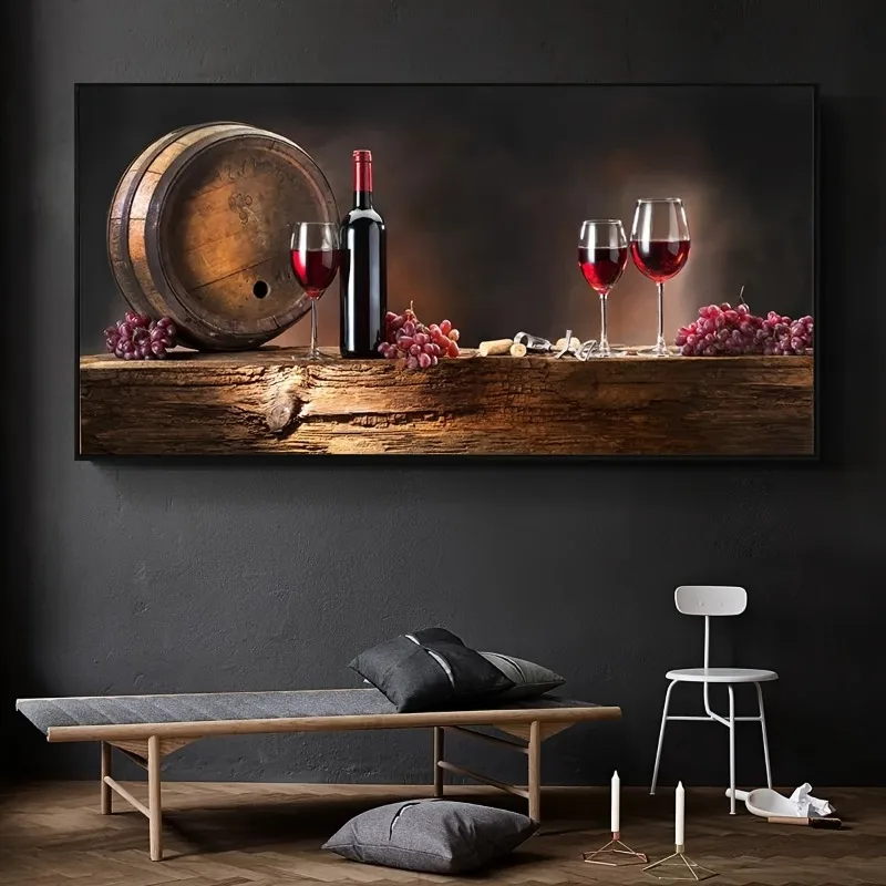 1pc Unframed Artistic Canvas Poster, Vintage Classic Red Wine Glass and Barrel Painting, Artwork Wall Painting Wall Decor