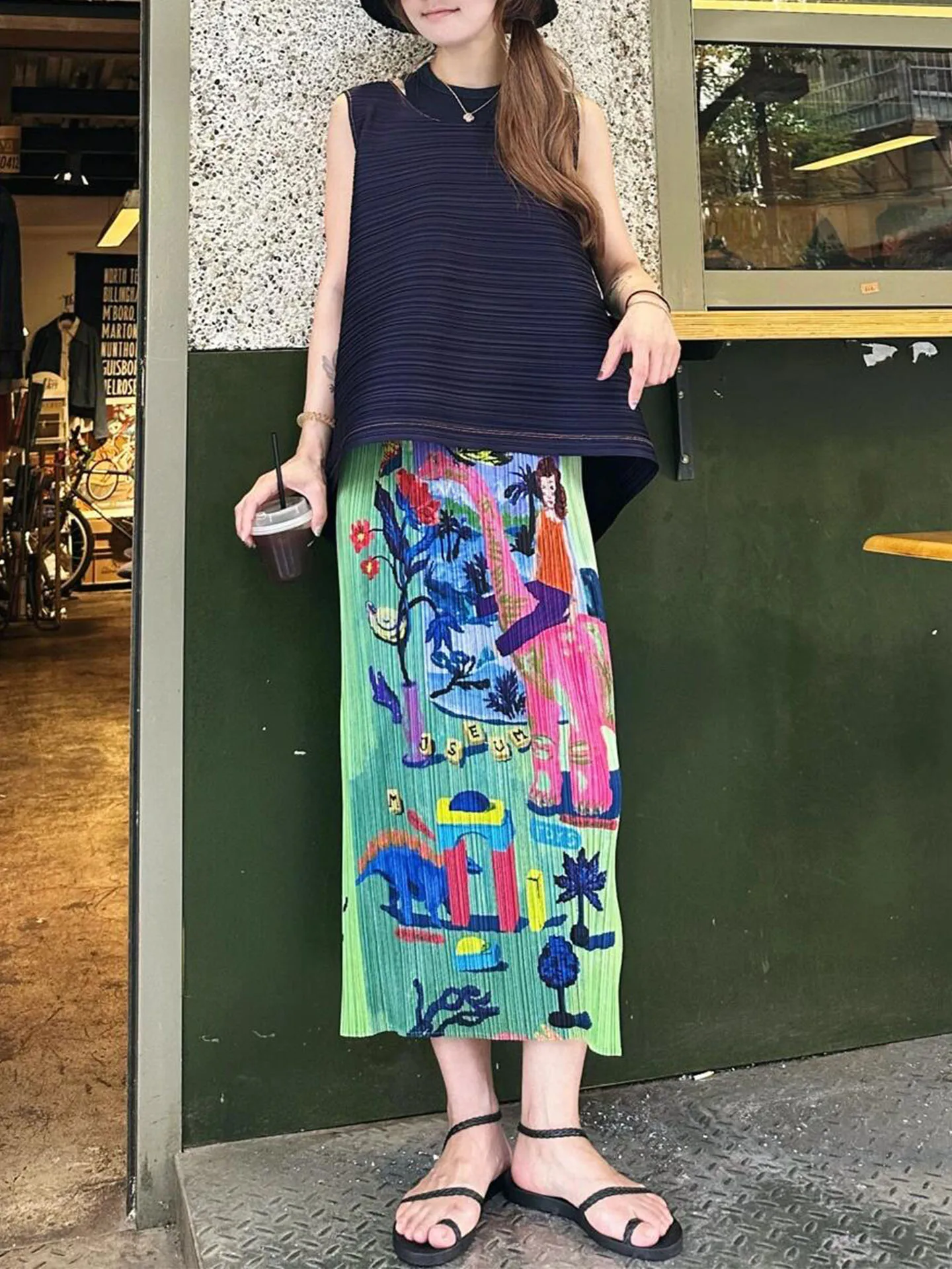 

Fashionable Slimming Deep Blue Sleeveless Top And Printed Skirt Set by Sanza Art Creation round Neck Two-Piece Polyester Ense...