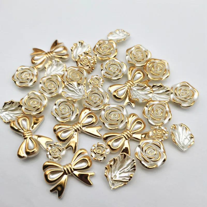 30g/pack Transparent Clear Pearl Acrylic Rose Flowers leaf Flatbacks With Gold Plated Cabochons DIY Crafts Beads Decorations