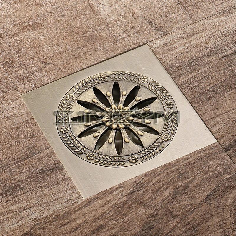 10*10cm Brass Antique Shower Drain Bathroom Square Cover 4inch Anti-odor Hair Strainer Balcony Floor Drain