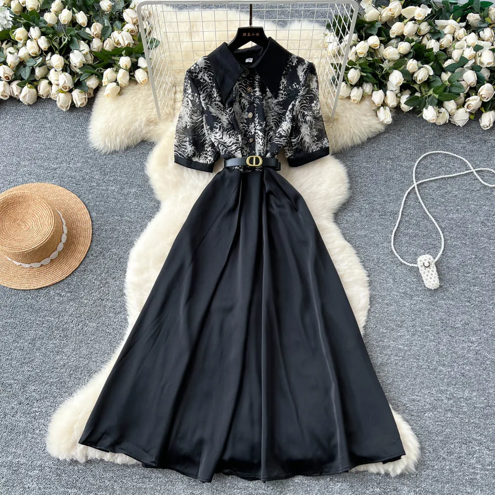 

French Spliced dress women's summer waist Single Breasted sweet dresses ceremony dresses