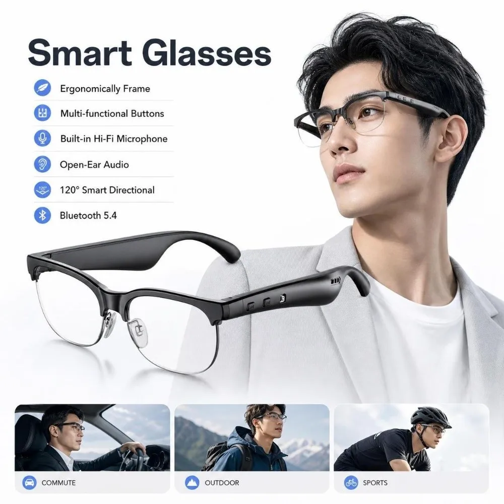 Wireless Earbuds Smart Glasses Open Ear Design Portable Smart Audio Glasses Rechargeable Touch Control Bluetooth Sunglasses