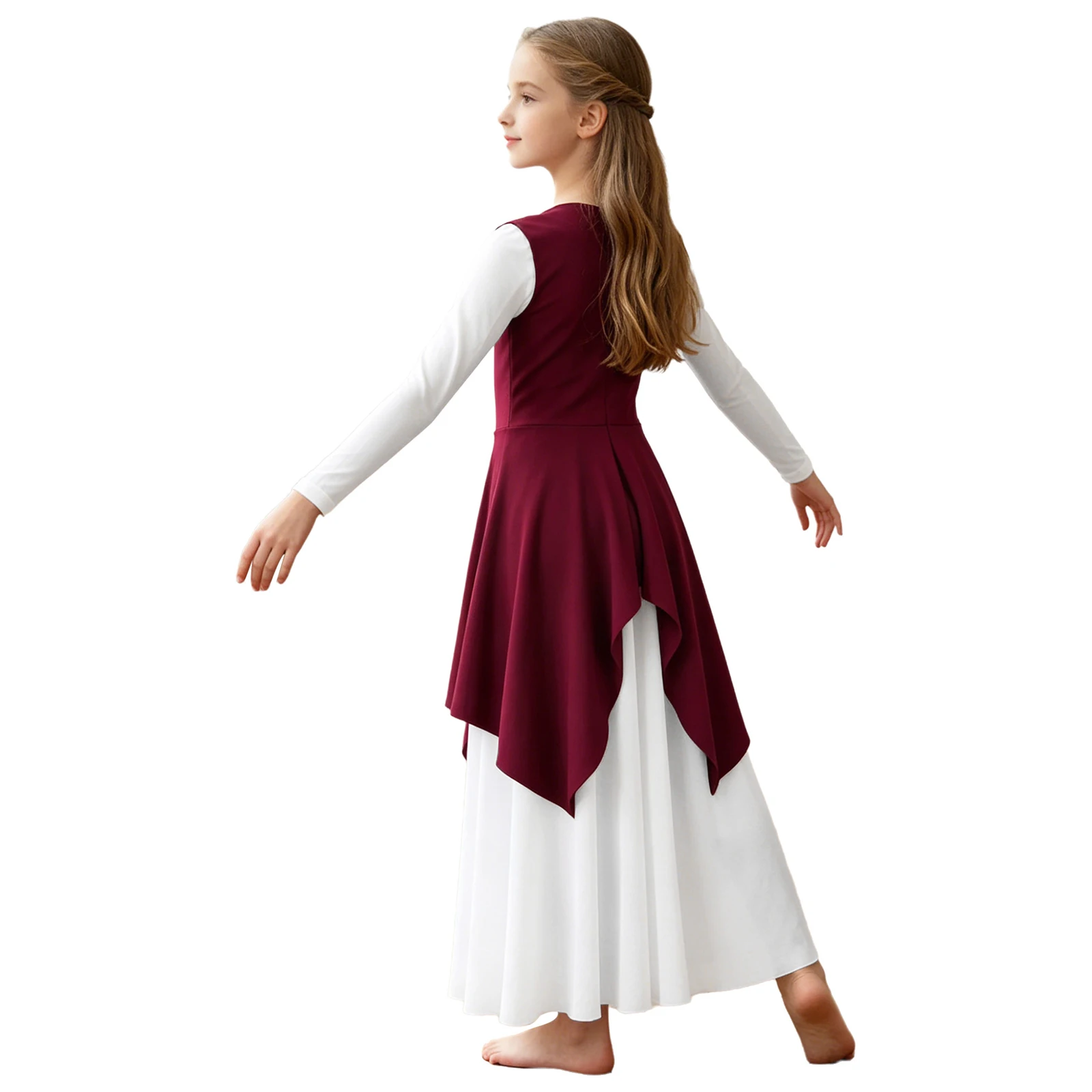 Girls Color Block Praise Dance Tunic Dress Lyrical Liturgical Worship Church Choir Robe Long Sleeve Metallic Patchwork Dress