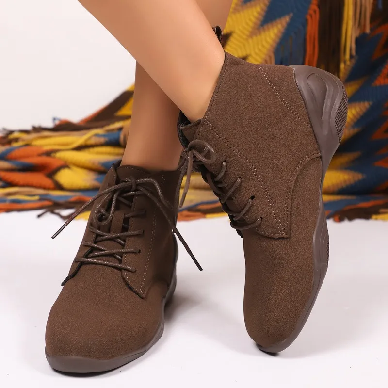 أحذية قطنية بمقاس كبير، أحذية عصرية بمقدمة مستديرة من جلد الغزال برباط سميك ودافئ ونعل ناعم وكعب منخفض