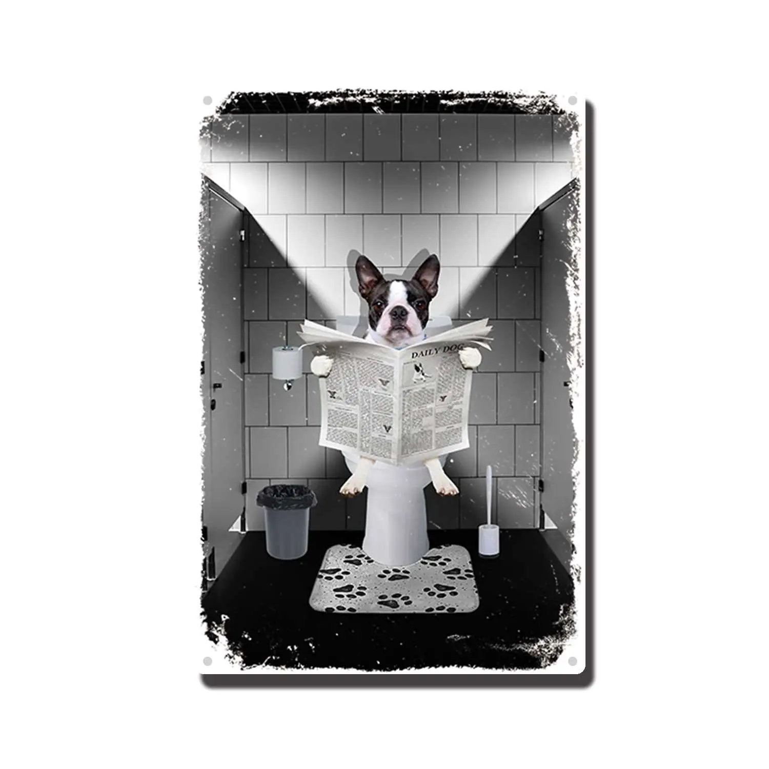 THUANCKY Metal Sign Boston Terrier Reading The Newspaper On Toilet Room Man Cave Art Decorations Metal Sign Wall Decor Tin Signs