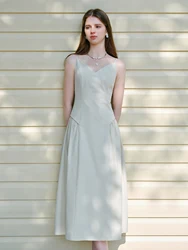 FSLE【4 Colors】Women Spring Strappy Dress 100% Cotton Temperament Simple A-LINE Dresses 2025 Spring White Dress 25FS11073