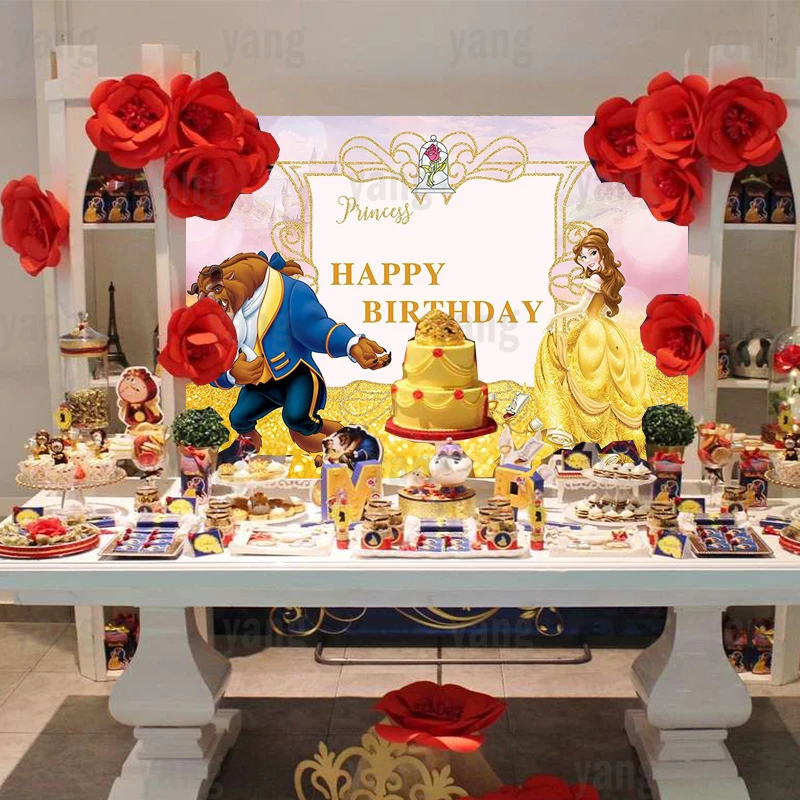 Disney Beauty and the Beast Belle Cartoon Princess Happy Birthday Party Decoration Children Girls Backdrop PropsBackground Vinyl