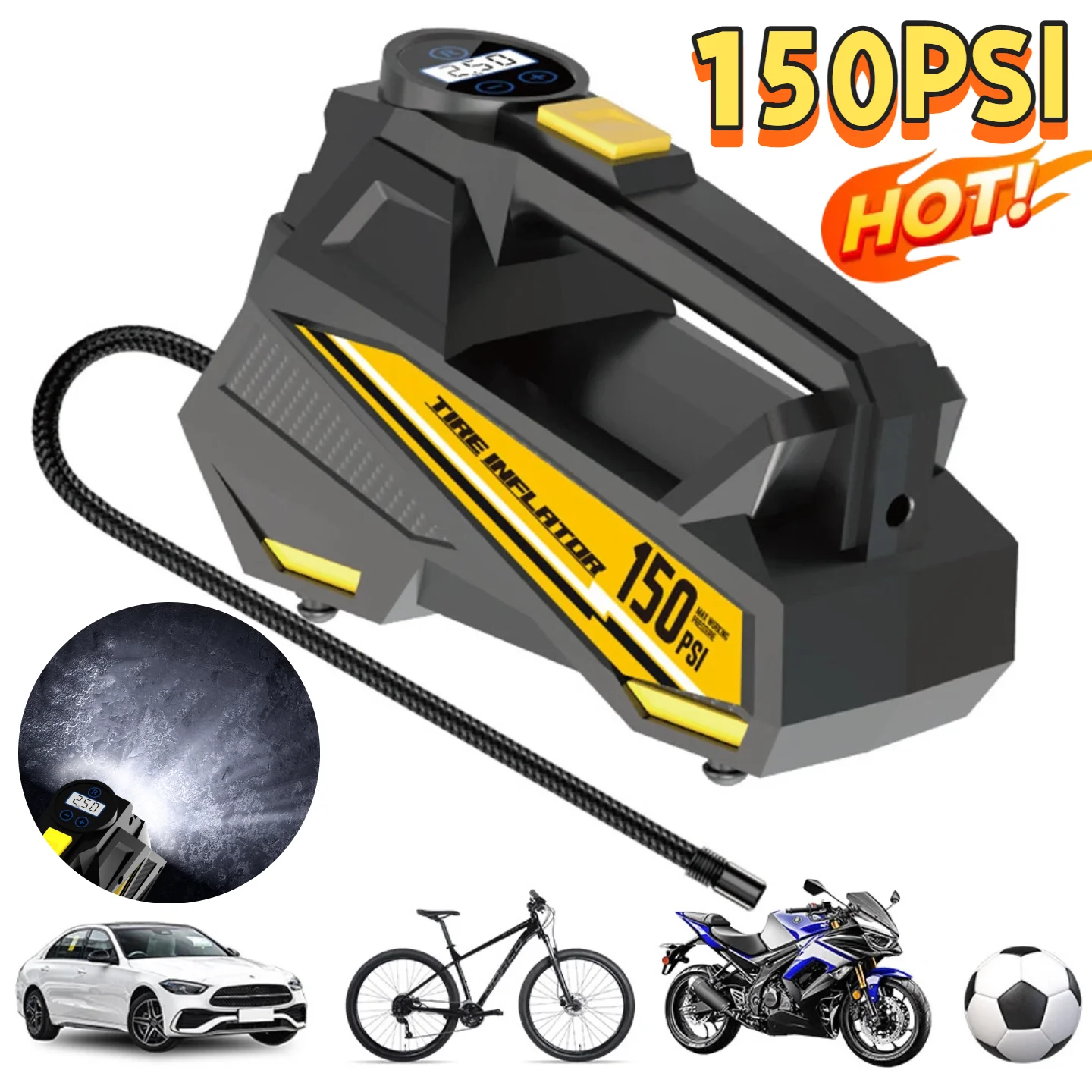 

150PSI портативный автомобильный насос со светодиодной подсветкой, автомобильный насос для накачивания шин, цифровой дисплей, электрический воздушный насос для автомобиля, велосипедного шара