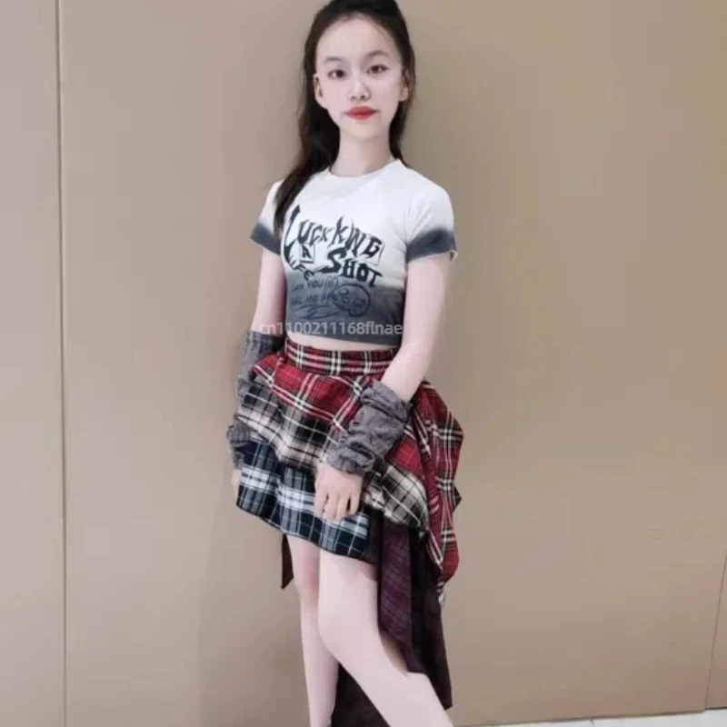 Traje de dança de rua infantil, top curto exposto para meninas, calças de saia xadrez, fantasia de performance de dança jazz