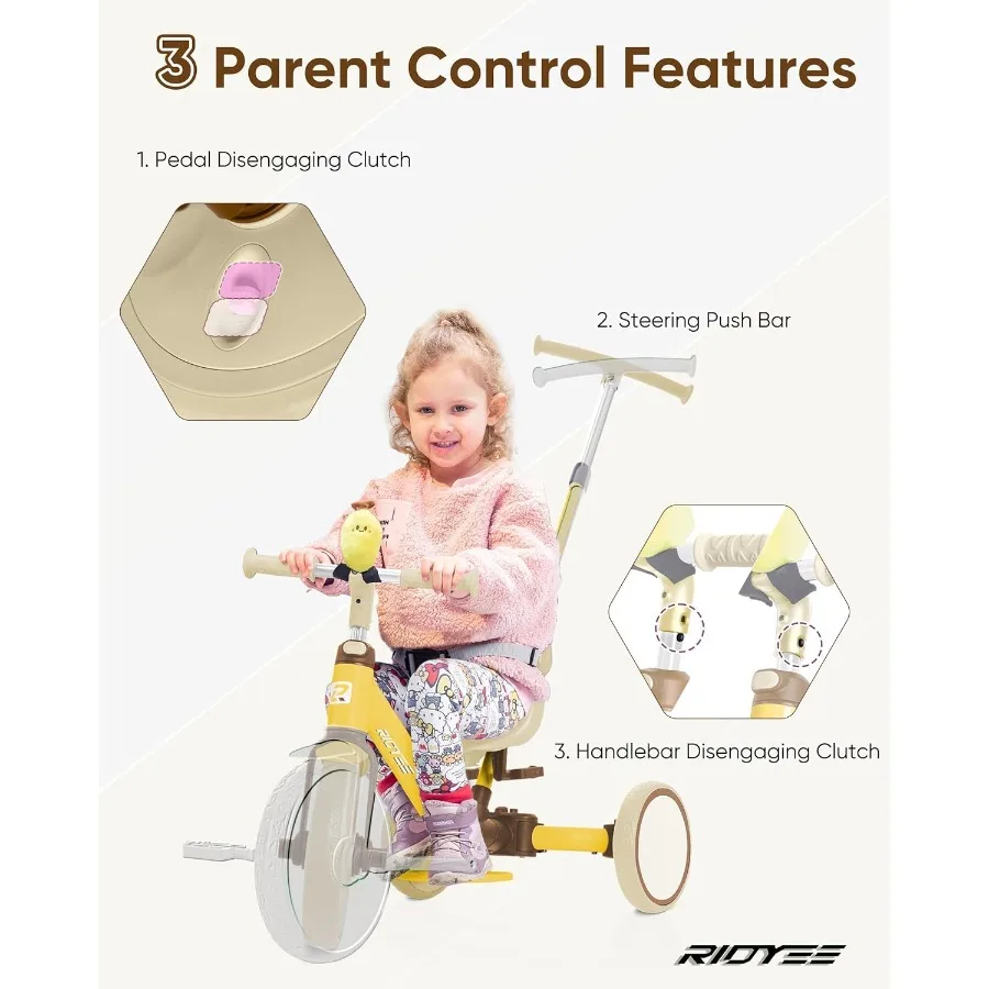 1.5세부터 3세까지 사용 가능한 5-in-1 유아용 세발자전거, 부모가 밀어주는 자전거, 도구 없이 변형 가능한 밸런스 바이크, 안전벨트 탈부착 가능