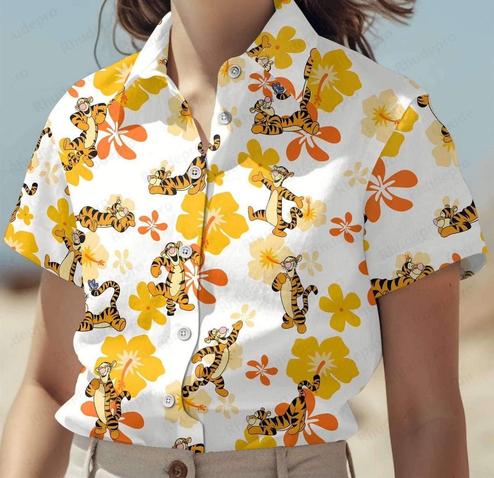 

Disney Tropica Winnie The Pooh Hawaiian Shirt Womens Short Sleeve Button Shirt Summer Casual Beach Vacation Sun Protection Shirt