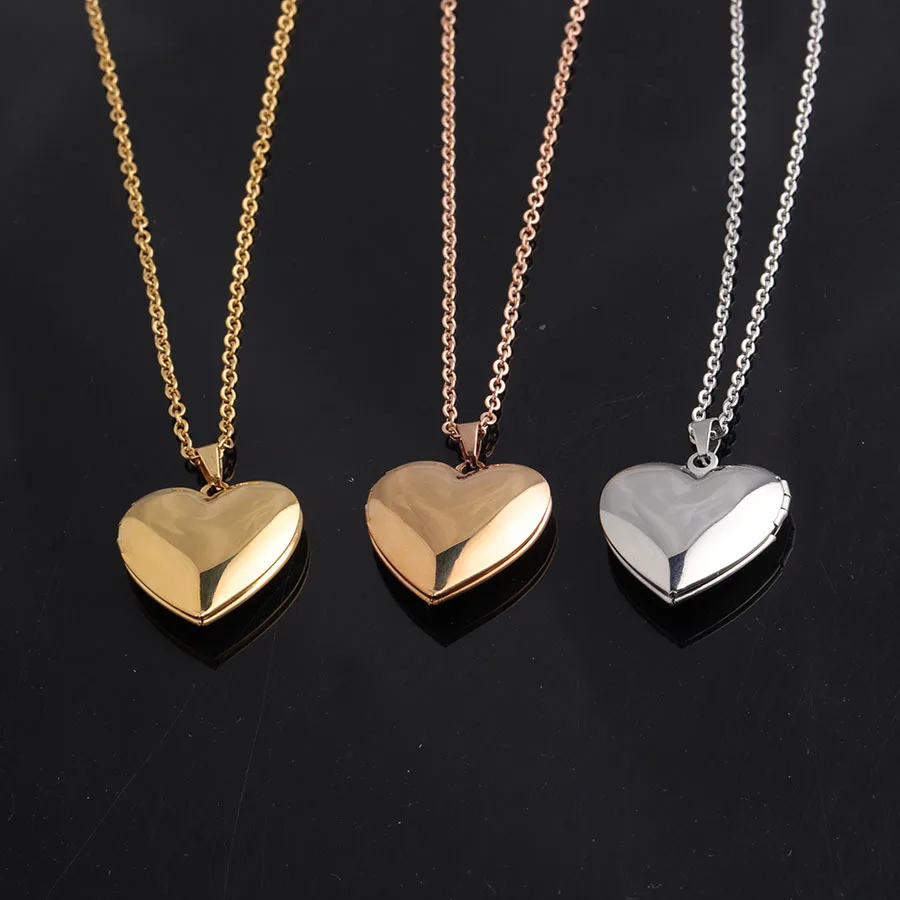 Mirror Polished Stainless Steel Love Heart Photo Frame Memory Locket Pendant Necklace Family Love Collar