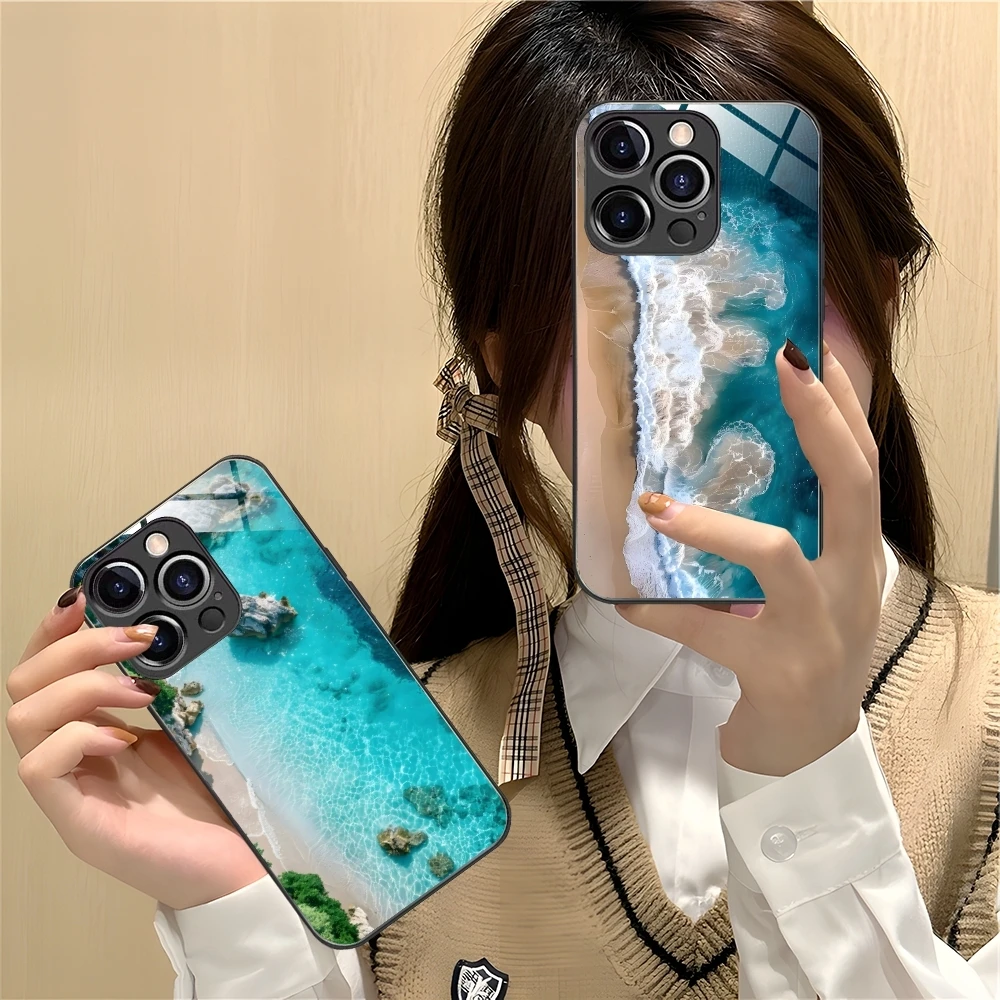 Beach Ocean Nature Mobile Cell Phone Case for iPhone 16 15 14 13 12 11 X XR XS 8 Pro Max Plus Mini PC Glass Phone Cover Shell