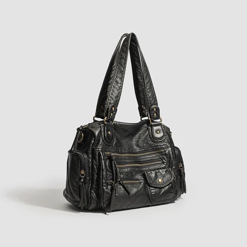 

Y2K Vintage Washed Leather Tote Bag for Women Spicy Girl Punk Motorcycle Crossbody Bag Multi-Pocket Soft PU Leather Shoulder Bag