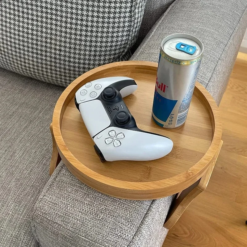 Clip-On Sofa Armrest Tray Natural Wood Side Table, Sofa Arm Holder for Remote, Coffee Cup, Snacks, Food TV Side Storage Tray