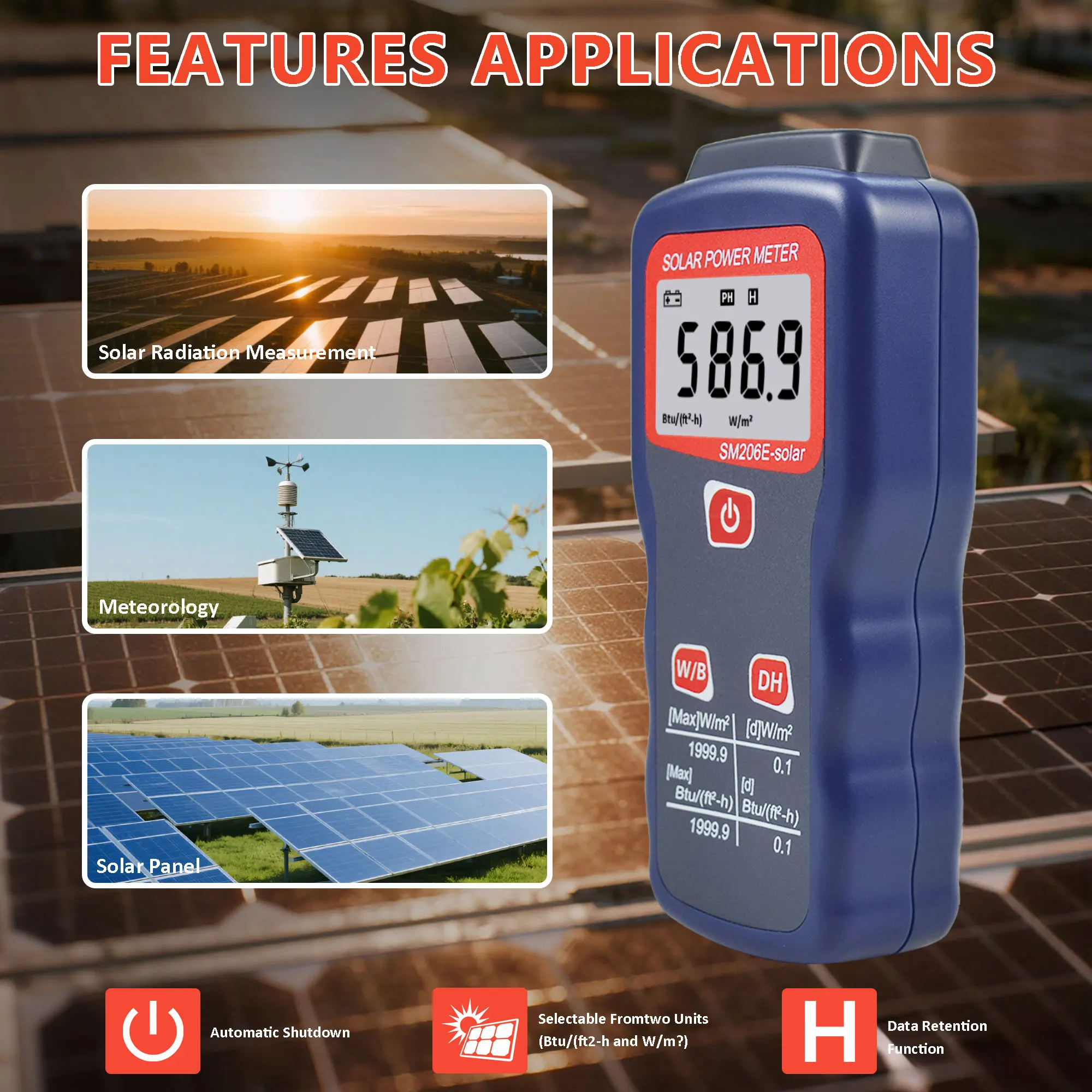 ZIBOO الشمسية الطاقة الشمسية متر الضوء متر اختبار الإشعاع الشمسي البصرية الشمسية SM206E