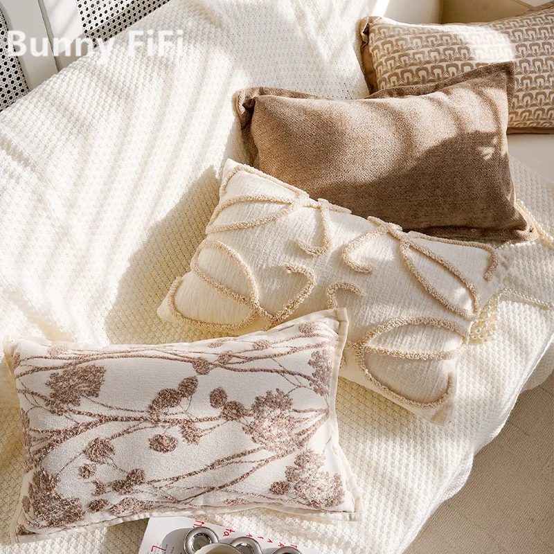 Geometric Pattern Brown Floral Cushion Covers Luxury Chenille Boho Soft Decorative Throw Pillowcases For Sofa Bed Home Decor
