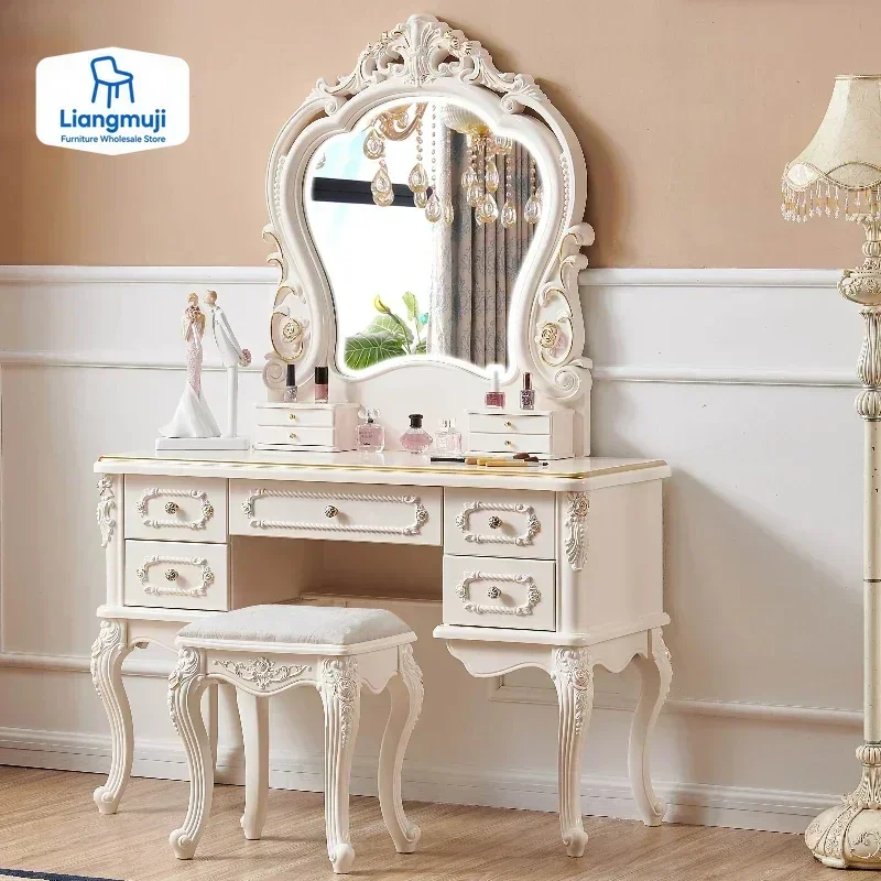 

Luxury With Miror Dressing Table White European Storage Jewelry Cheap Vanity Table Women Drawers Wood Penteadeira Furniture