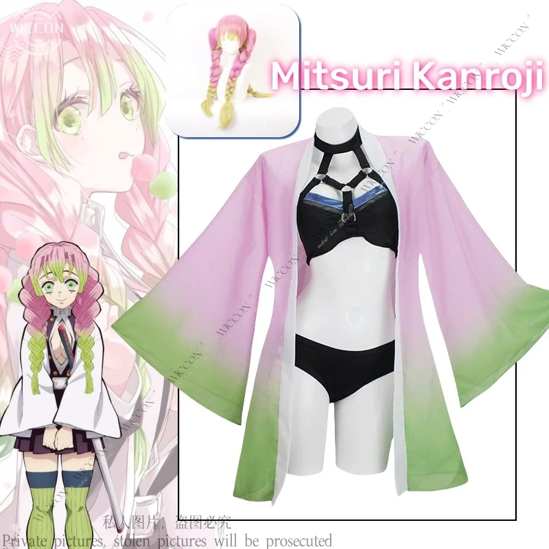 

Mitsuri Kanroji Anime Cosplay Costume Wig Coat Swimsuit Kimono Uniform Halloween Party Role Play Mitsuri Kanroji Woman Adult