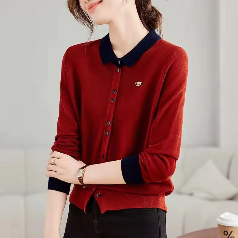 

Casual Color-blocked Knitted Cardigan Lapel Spring and Autumn Women Short Fashion Sweater Loose New Long-Sleeved Top Versatile