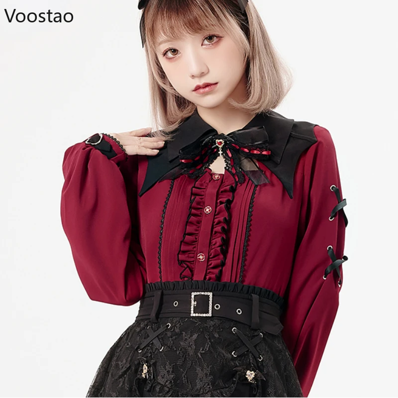 Harajuku Gothic Lolita Shirt Japanese Y2k Aesthetic Bow Lace Hollow Out Bat Collar Long Sleeve Blouse Women Elegant Clothes Tops