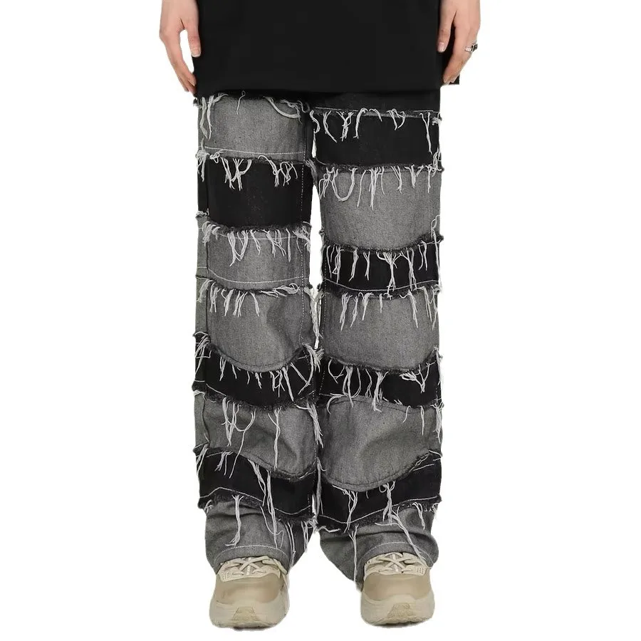 MWJLPWQ 2026 Autumn Patchwork Tassel Men's Jeans American Style Gradient Design Streetwear Ins Trend Beggar Long Pants 12030