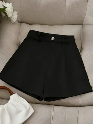 Women's A-Line Suit Shorts High Waist White Wide Leg Casual Commuter Short Trousers