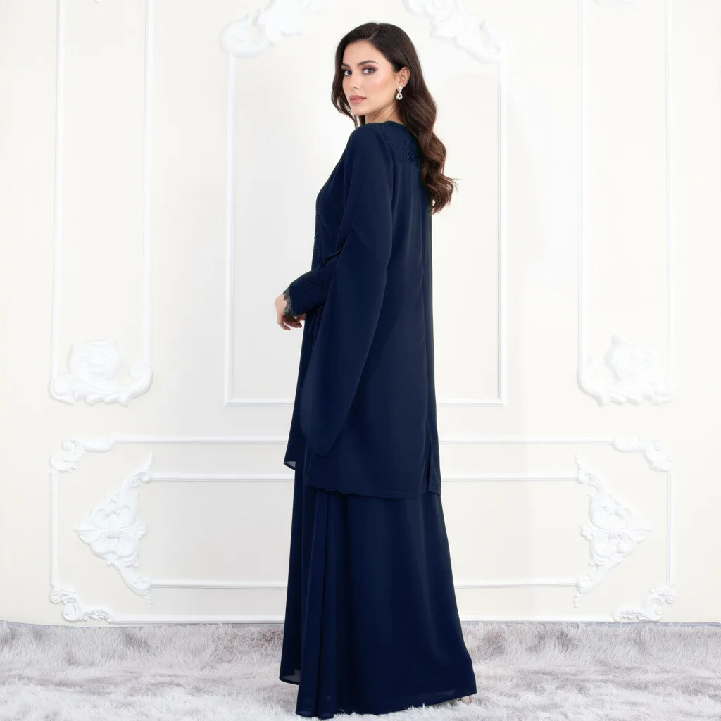 Middle East Muslim New Fashion Women Solid Color Elegant Trendy Daily Flowy 2 Pieces Sets Long Sleeve Tops Ankle Length Skirts