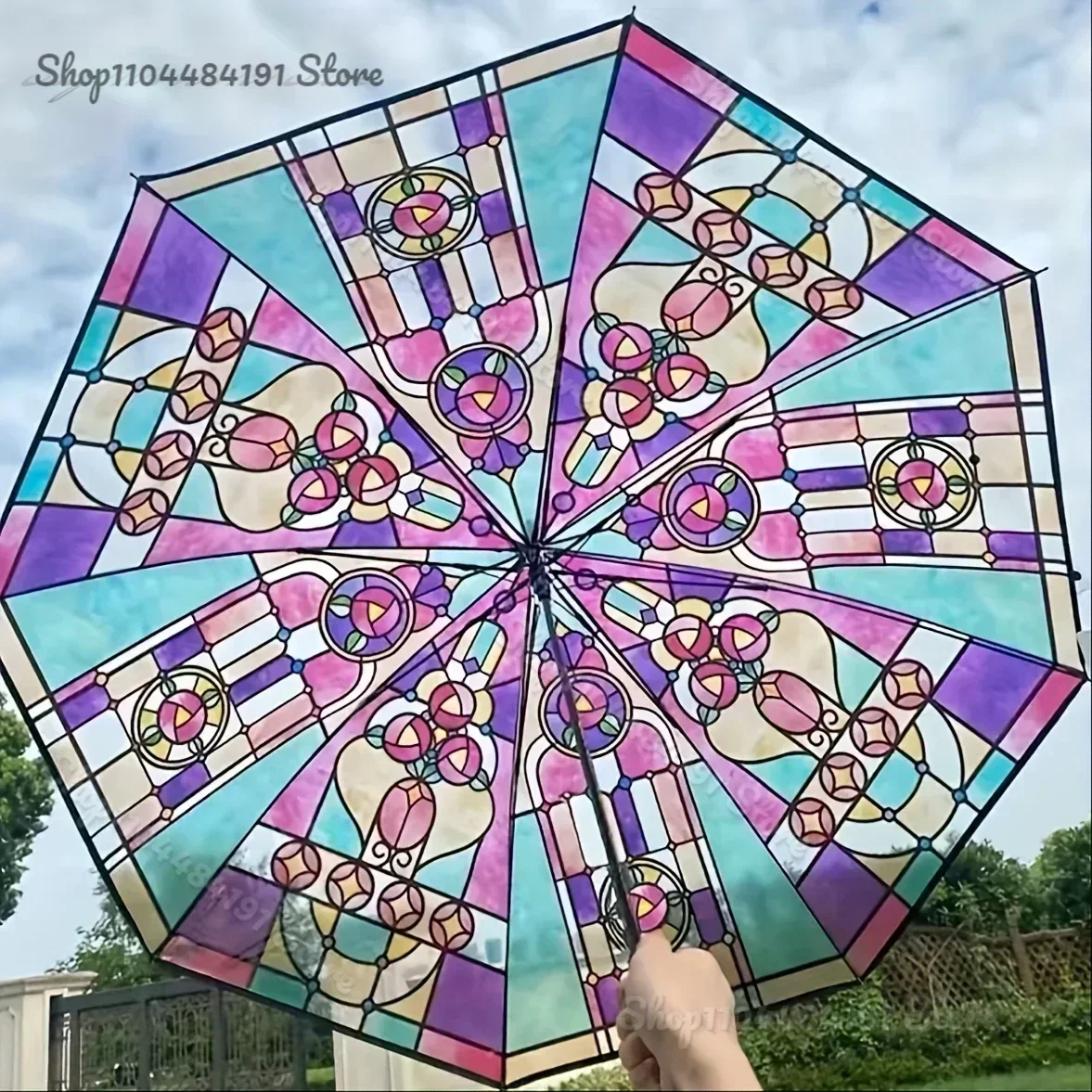 

British Wind Rainforest Arch Transparent Umbrella Stained Glass Transparent Umbrella Long Handle Automatic Large Romantic Sunny