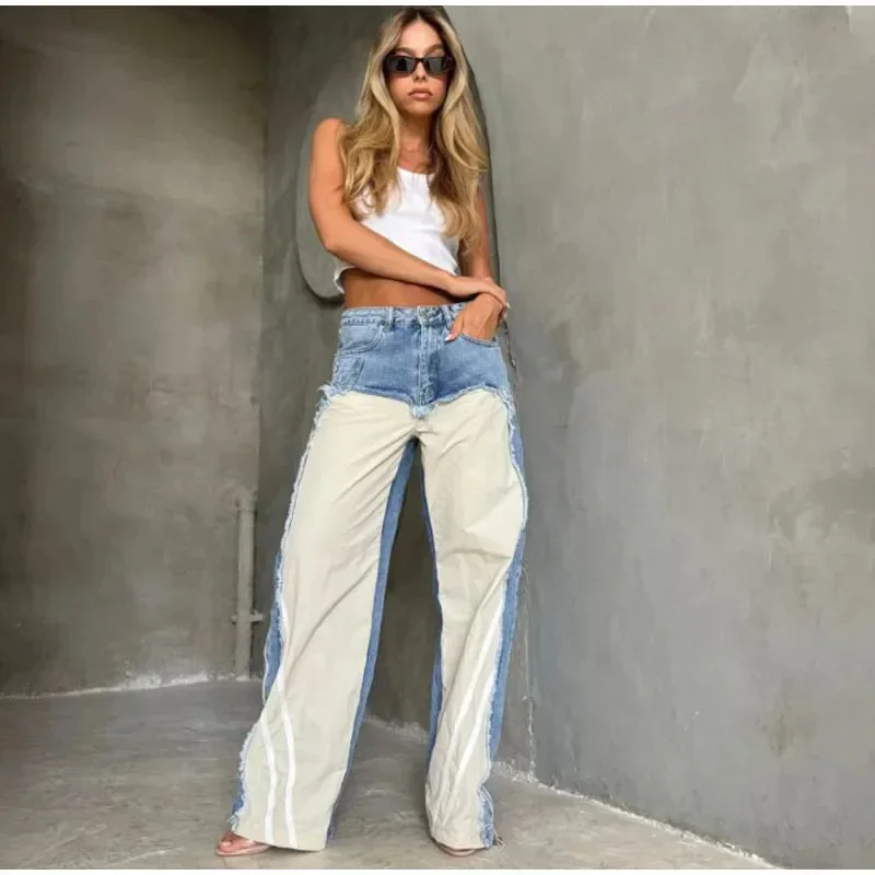 Denim Patchwork Trousers Women Y2K High Waist Contrast Color Striped Straight Female Wide Leg Pants 2024 Autumn New Lady Pants