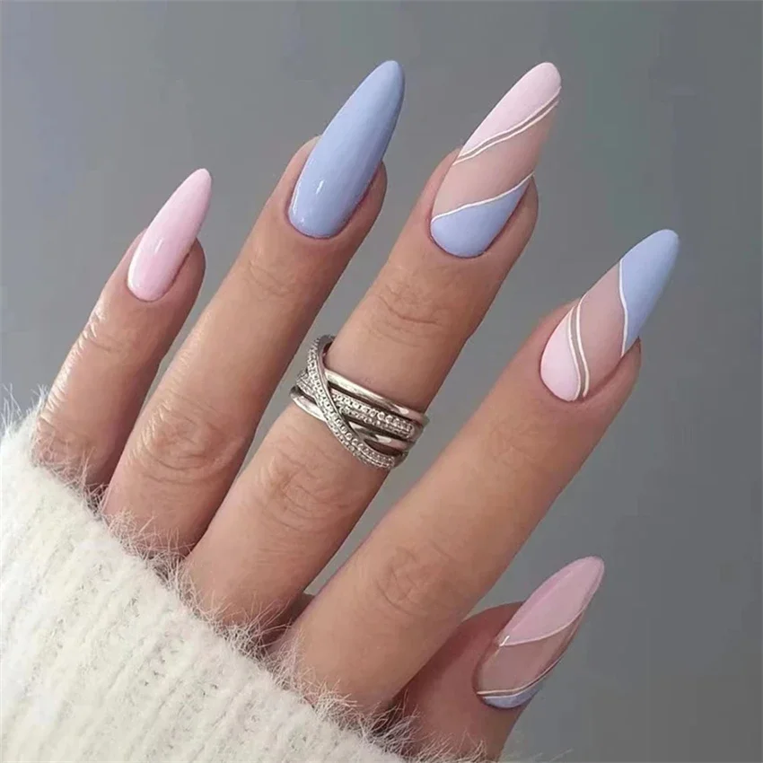 24Pcs/Set Powder Blue Clashing Frosted Fashion Press on Nail Full Cover Removable Wearing False Nails Almond Shape Fake Nail Art