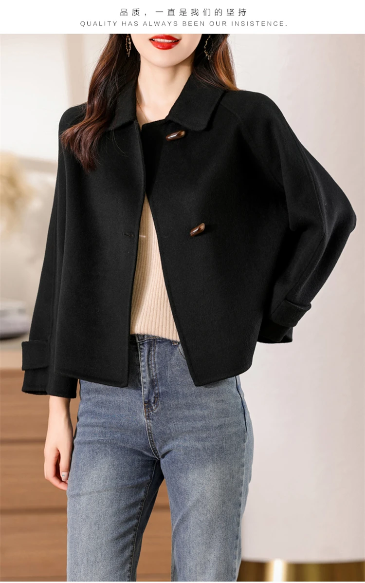 100% Merino Pure Wool Handmade Double-Sided Cloth Chic Coat Women's Short Oxhorn Button Heavy Coat High Street Elegant Top