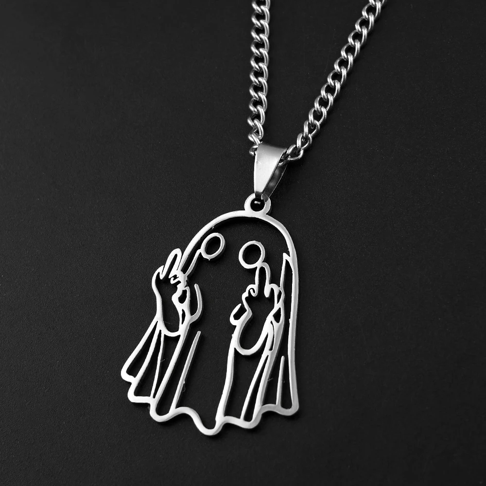 Cute Middle Finger Ghost Pendant Necklaces For Women Men Stainless Steel Black White Ghost Charms Halloween Funny Jewelry Gift