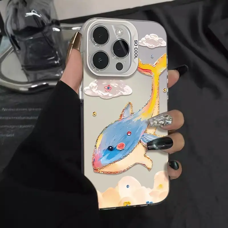 

Oil painting dolphin design phone case for iPhone 16 15 14 13 12 11 Pro/ Max/Plus shock-proof rear cover anti-fingerprint