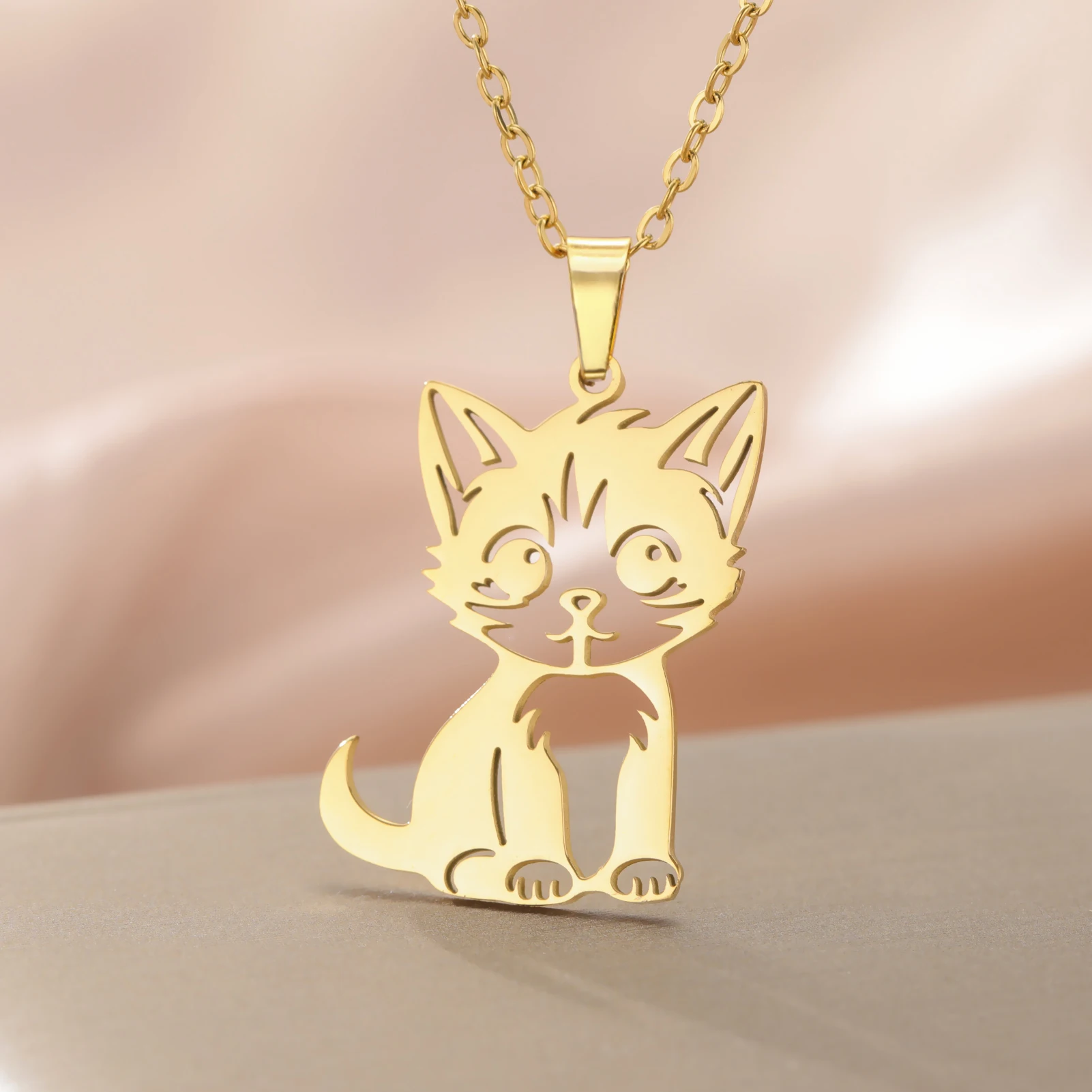 Sipuris Kitten Cat Pendant Necklace For Women Stainless Steel Kawaii Cute Animal Jewelry Christmas Gifts New Trendy