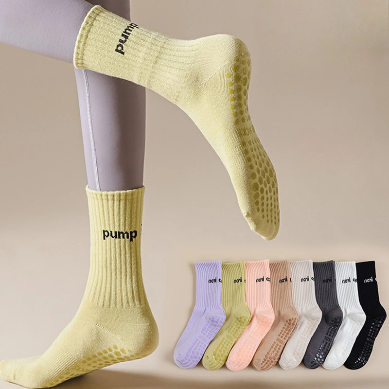 8 Colors Cotton Women Socks Anti Slip Yoga Socks Medium Length Sock Solid Colors Fitness Pilates Women's Sports Socks 1 Pair New