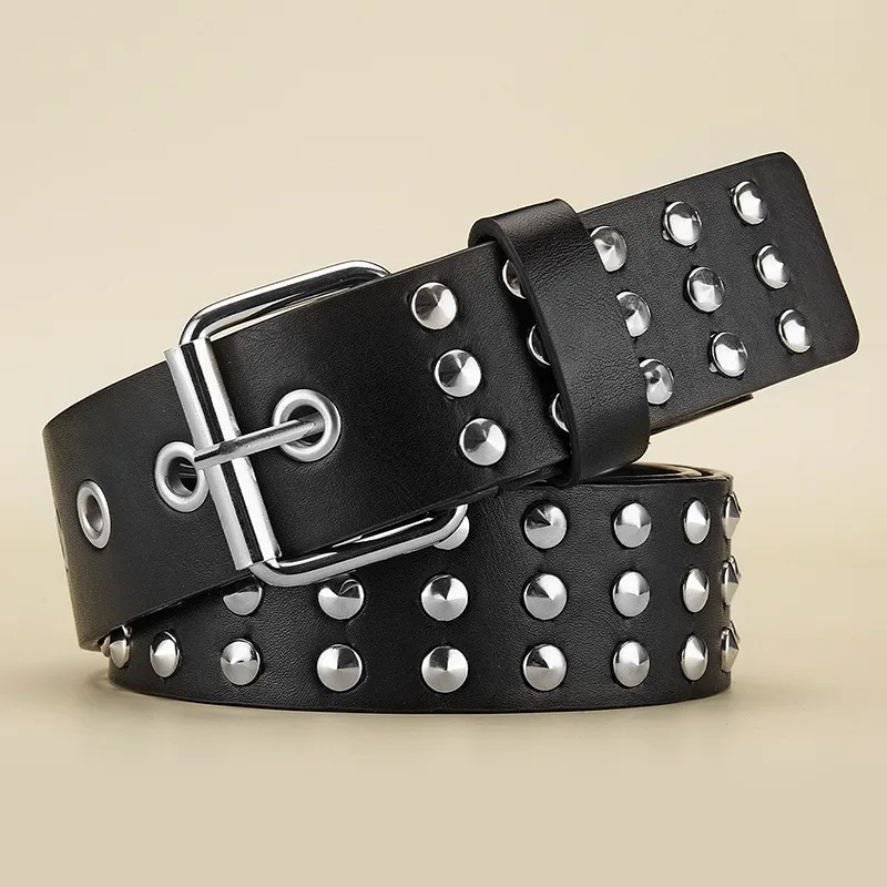 Women\'s Belt Metal Needle Buckle Belt Circular Rivet Men\'s Belt Punk HipHop Rock Style Matching Jeans Belt Cheap PU Leather Belt