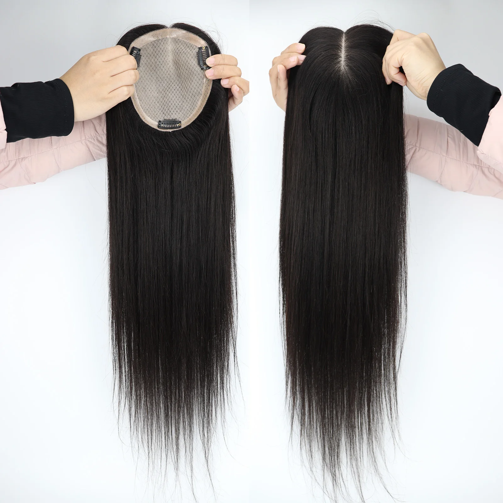 24 ''شعر بشري طويل توبر قاعدة الحرير 15x17 سنتيمتر تنفس ريمي الشعر البشري اليد تعادل الحرير العلوي قطعة شعر مع مقاطع في بولي PU حول #1